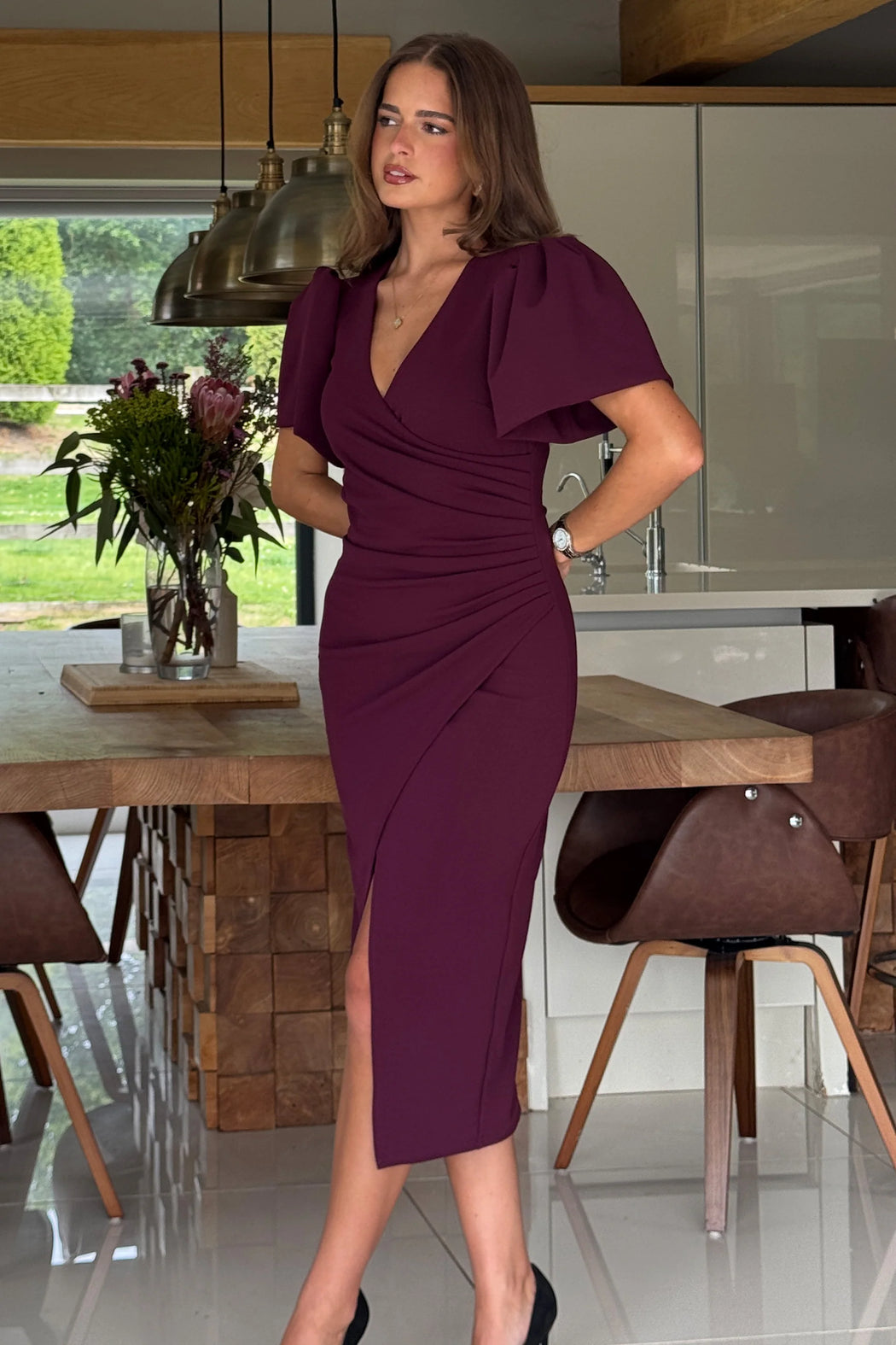 Freya Puff Sleeve Wrap Neck Ruched Midi Plum
