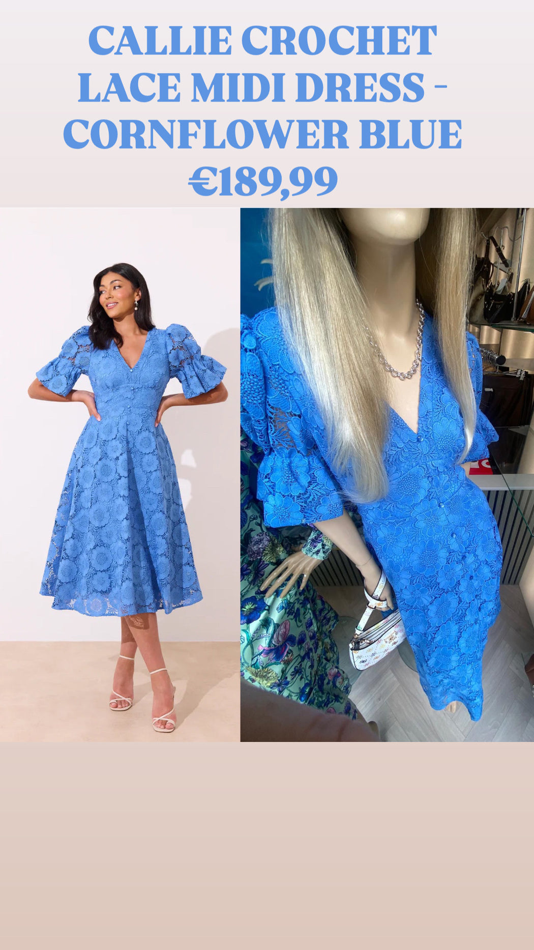 CALLIE CROCHET LACE MIDI DRESS - CORNFLOWER BLUE