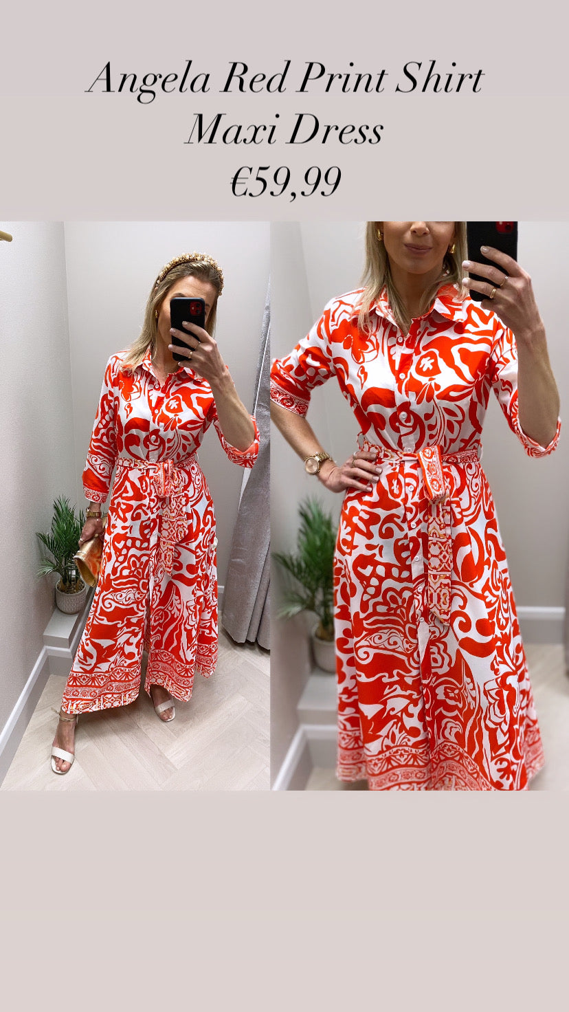 Angela Red Print Shirt Maxi Dress