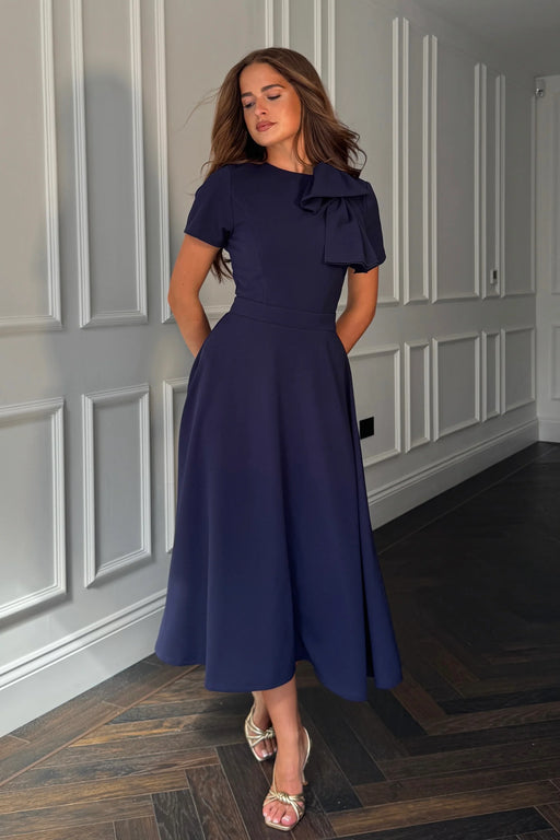 Navy Minta Bow Detail Short Sleeve Midi Dress