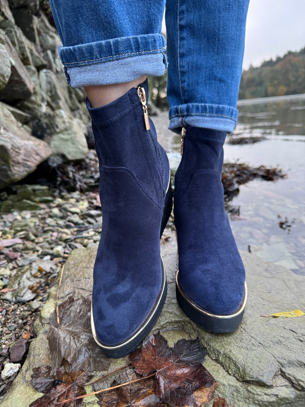Poole sapphire navy wedge boots