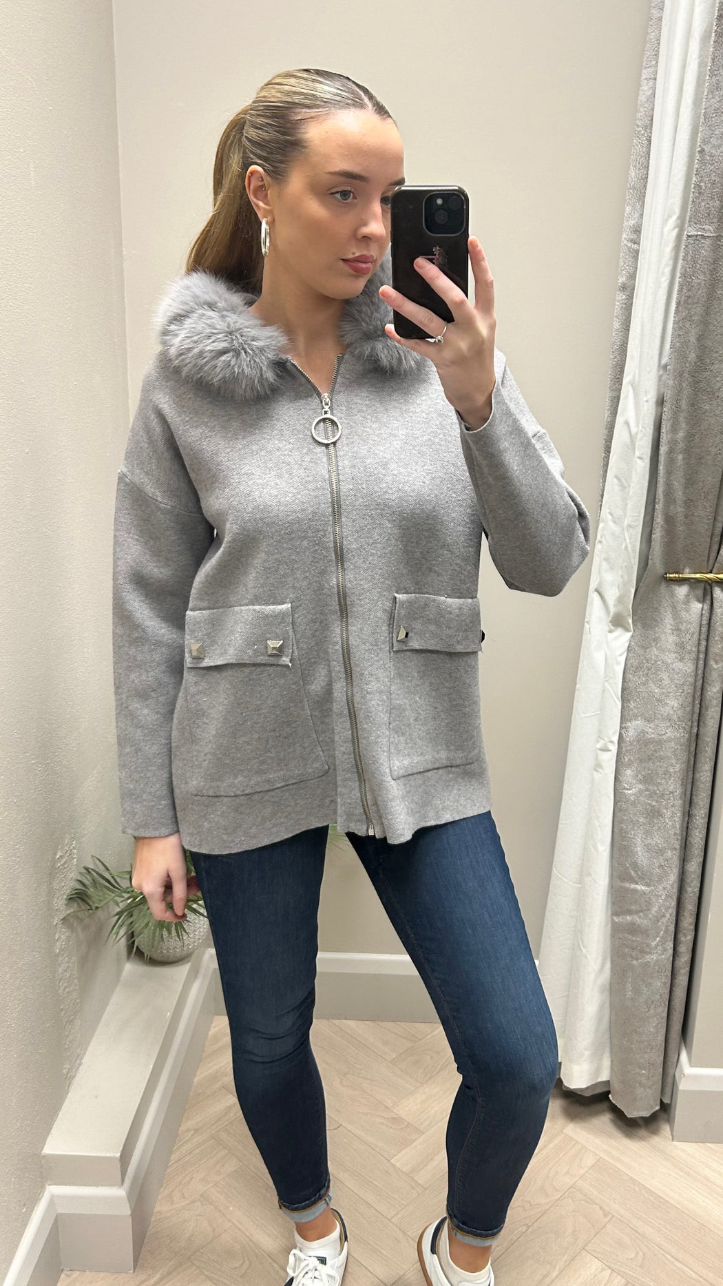 Grey hooded zip fur hood coatigan