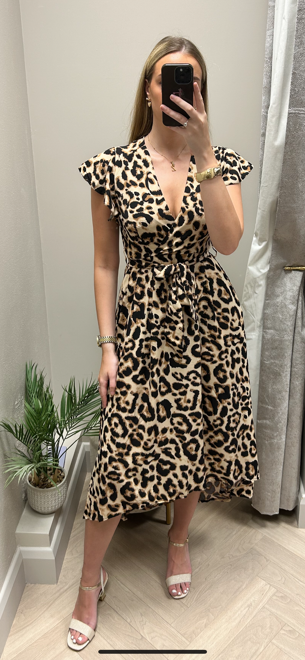 DA1998 Multi Leopard Print Short Sleeve Belted Wrap Midi Dress