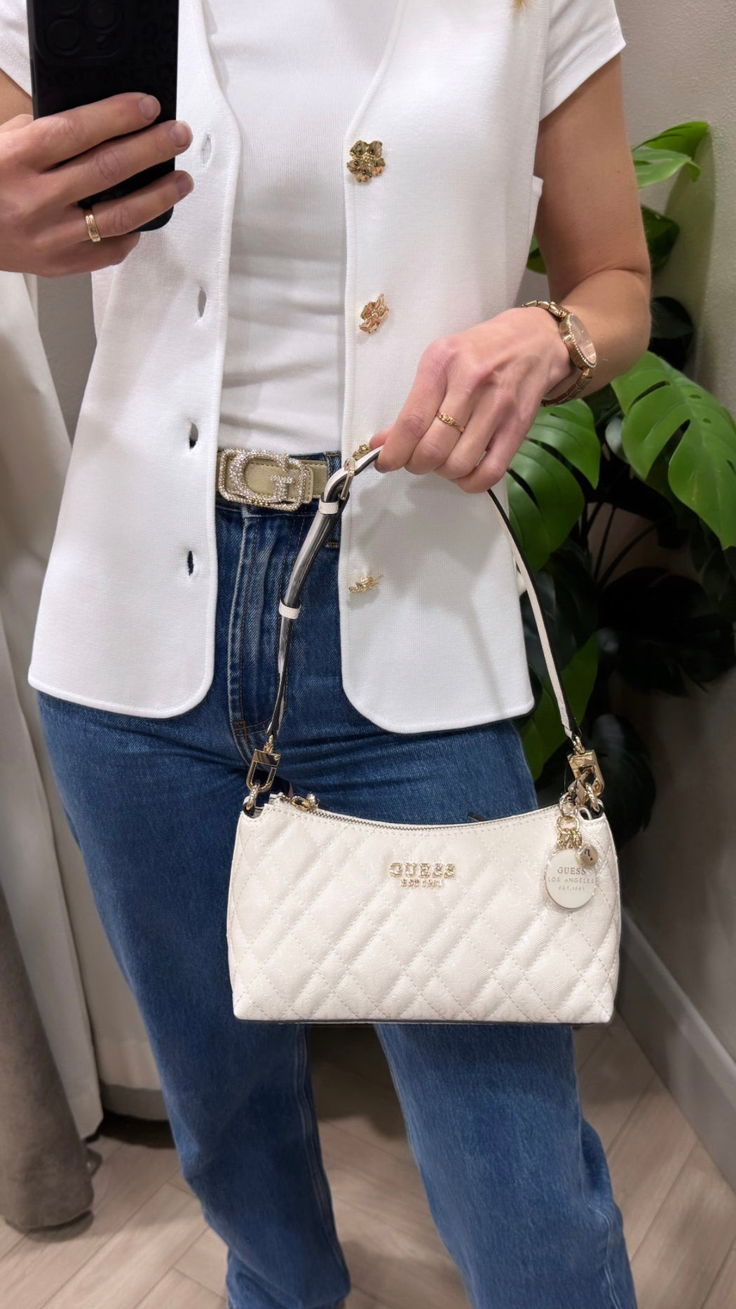 Guess off White Logo Isemay Shoulder Bag