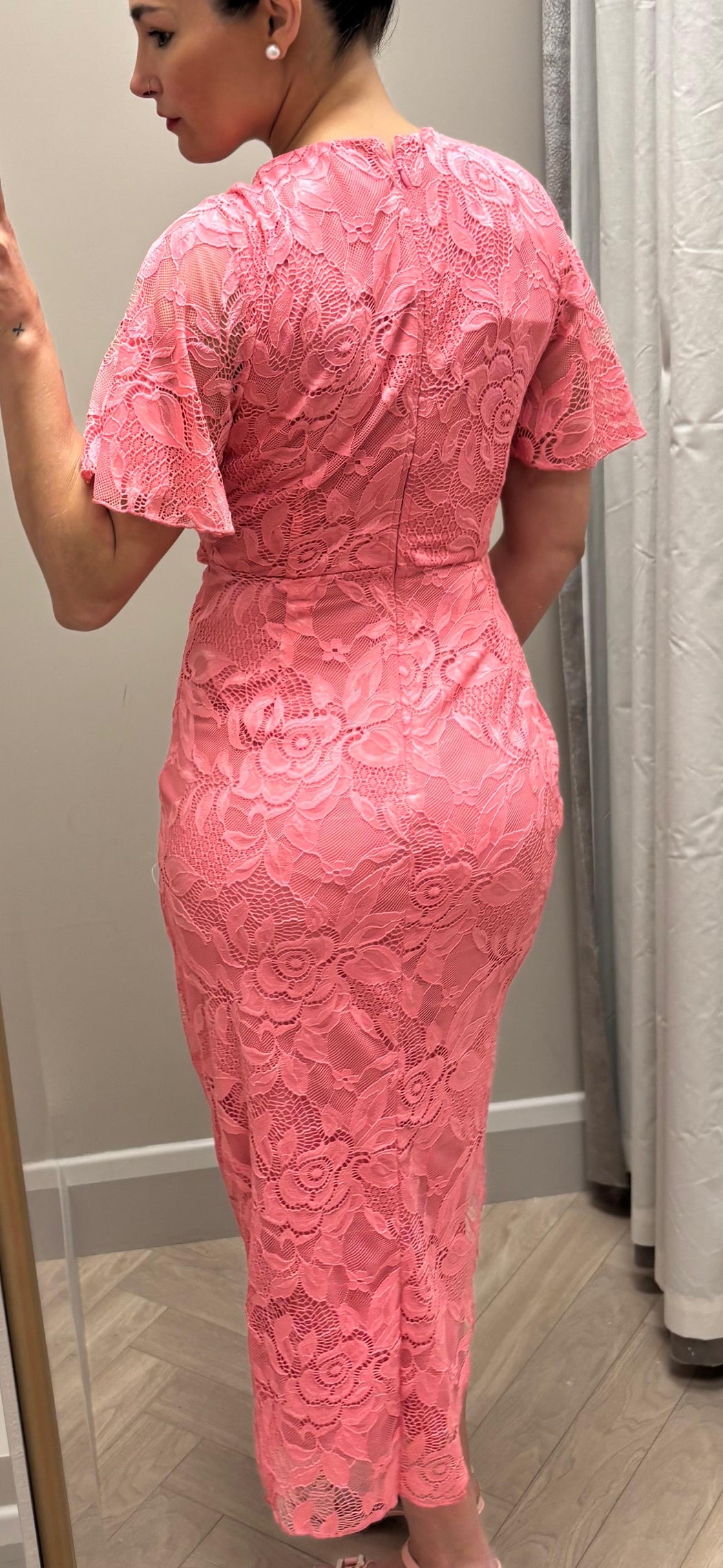 Natasha Angel Sleeve Wrap Midi Dress In Pink Lace
