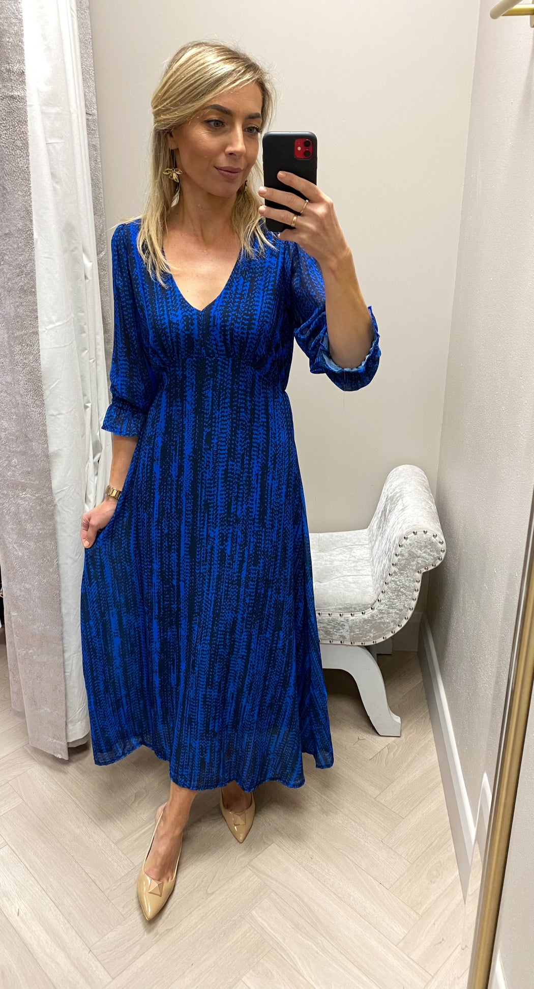 STREASA BLUE PRINT MIDI DRESS