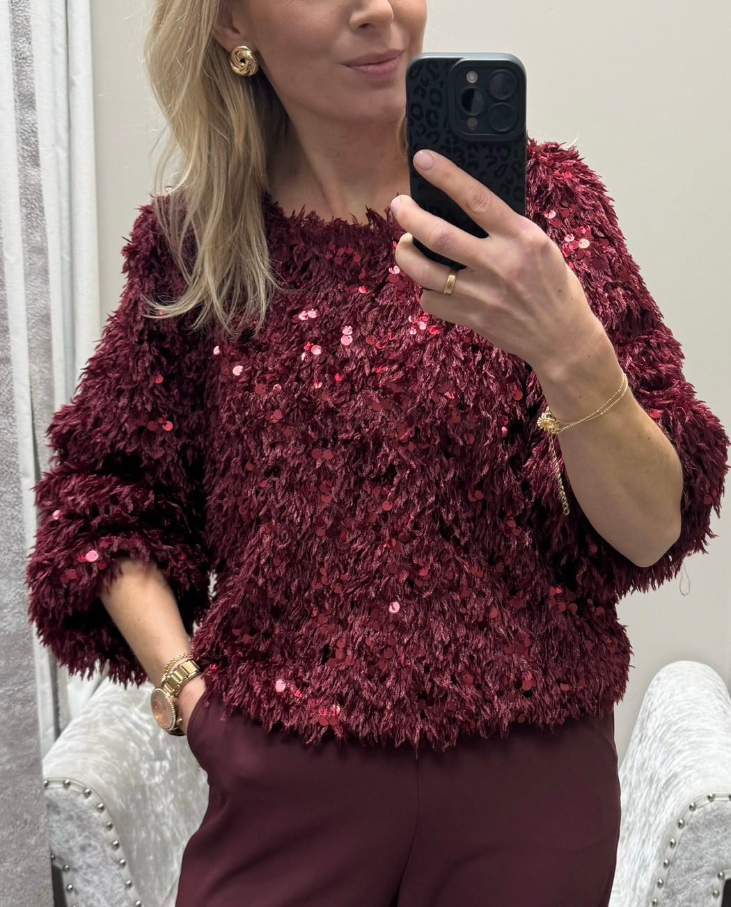 Wine feather knit top