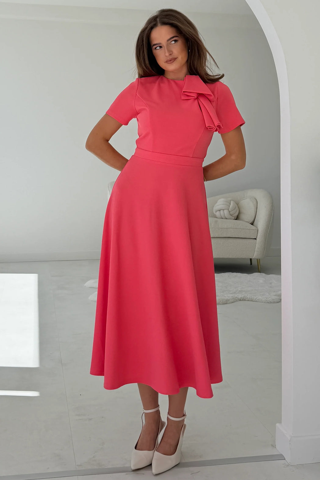 Minta Bow Detail Short Sleeve Midi Dress Coral