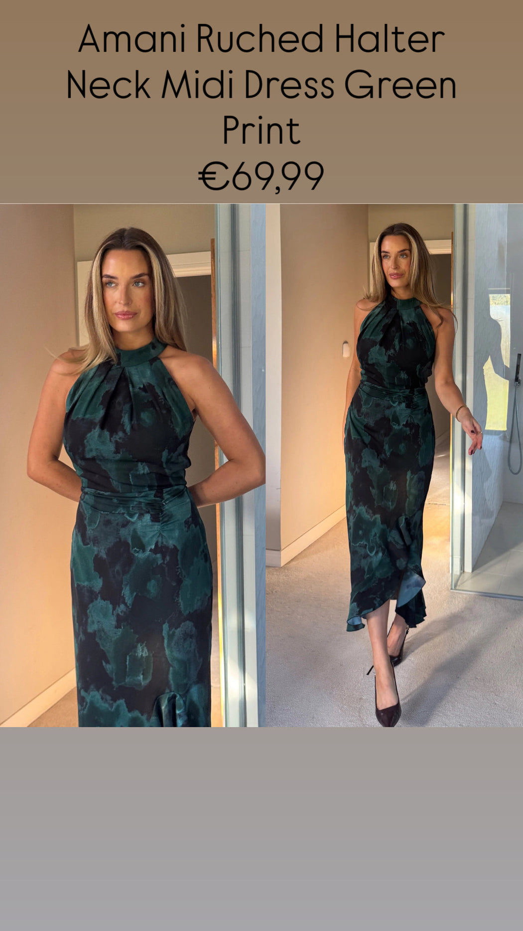 Amani Ruched Halter Neck Midi Dress Green Print