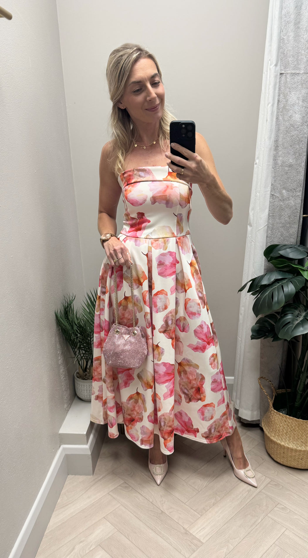 Danni Strapless Bandeau Midi Dress Pink Floral
