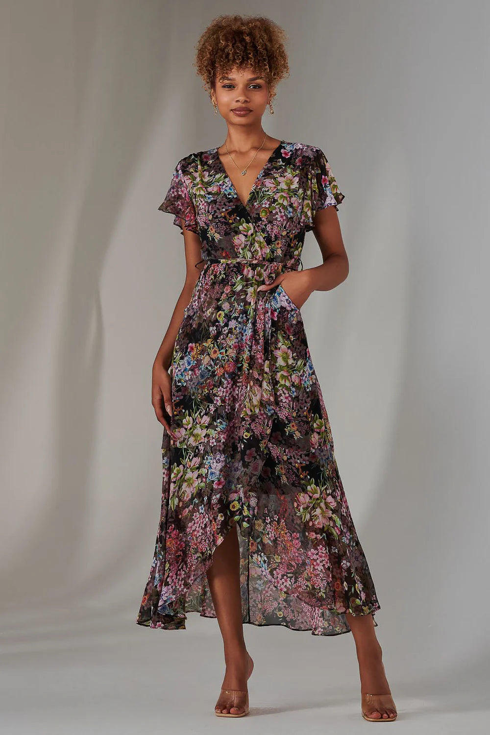 JOLIE MOI CHIFFON PRINT FRILL DIP HEM MAXI DRESS, BLACK FLORAL