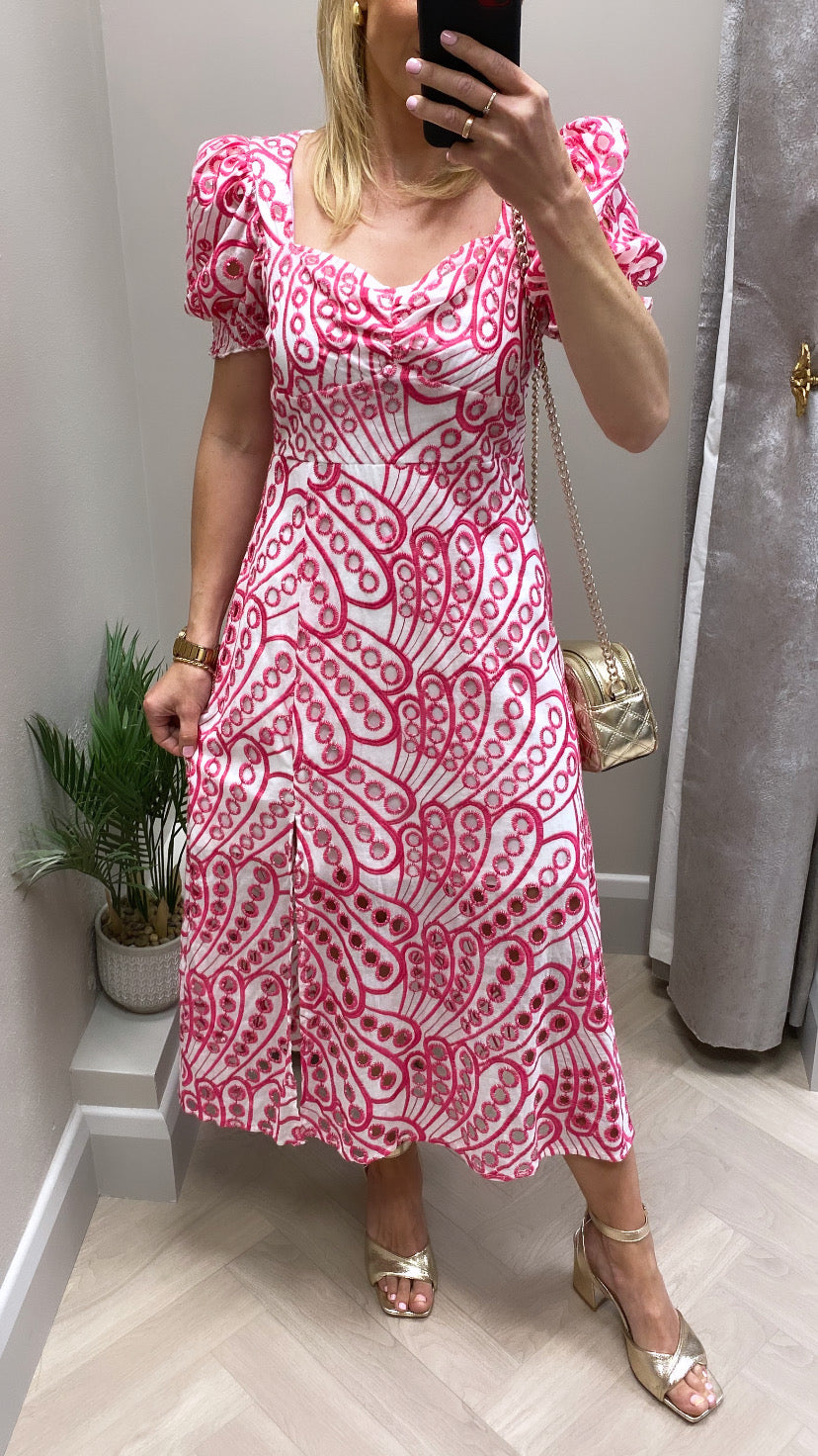 Lillian pink  Broderie Anglaise Midi Dress