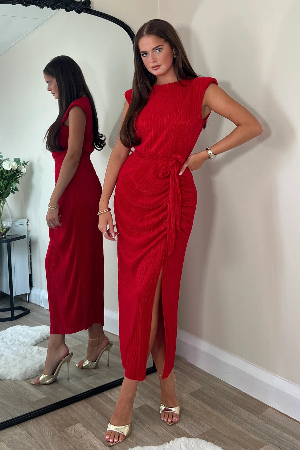 Elena  red Ruched seamed Midi Dress