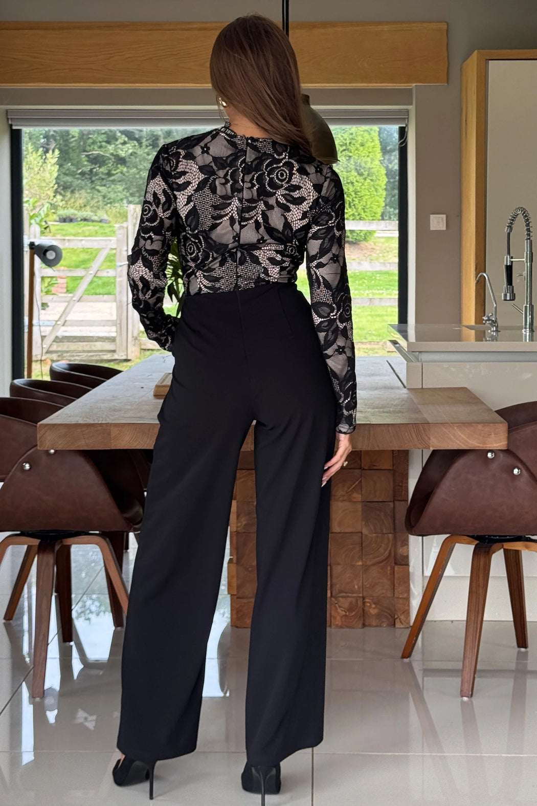 Bridget Twist Font Long Sleeve Lace Jumpsuit Black
