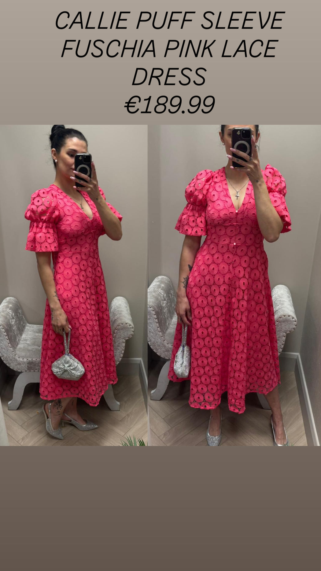 CALLIE PUFF SLEEVE FUSCHIA PINK LACE DRESS
