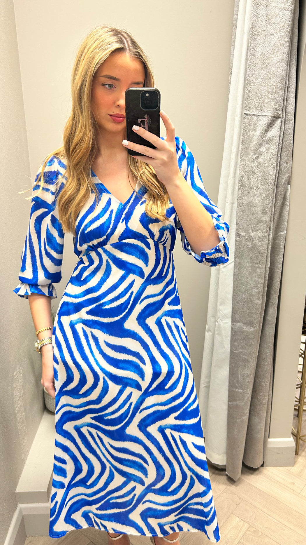 Streasa blue cream stripe midi dress