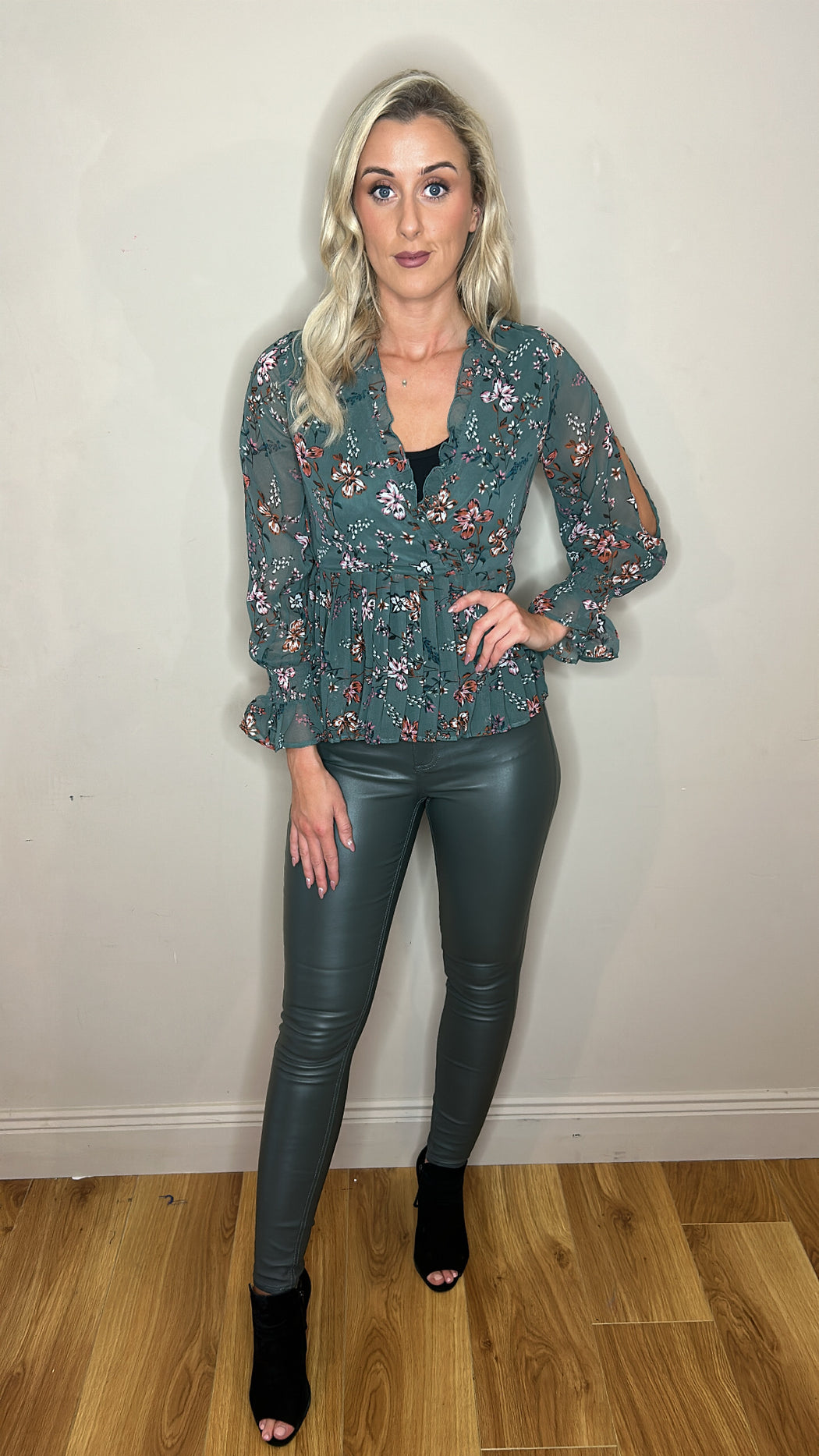 Lauren green leather look skinny jeans