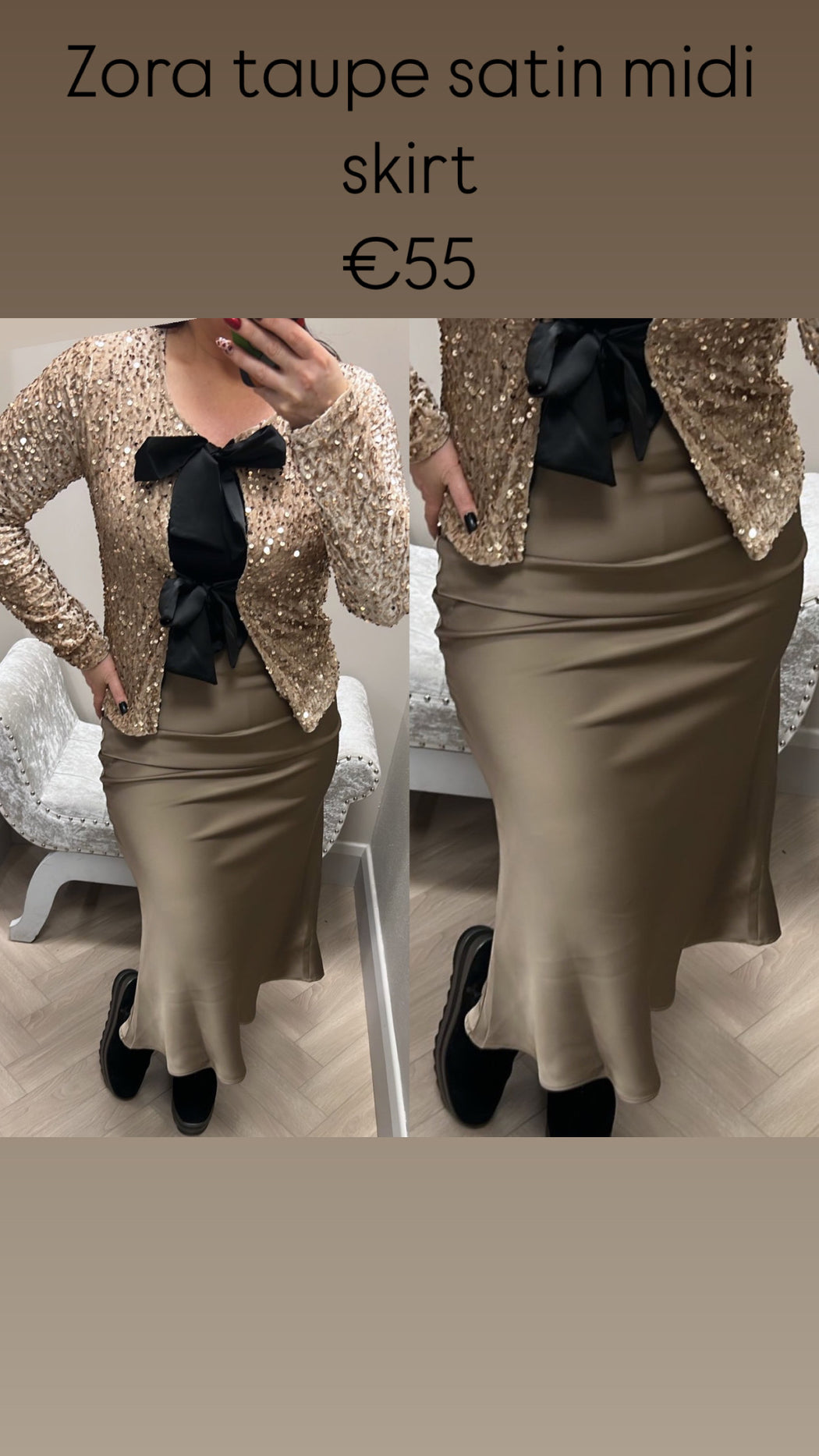 Zora taupe  satin midi skirt