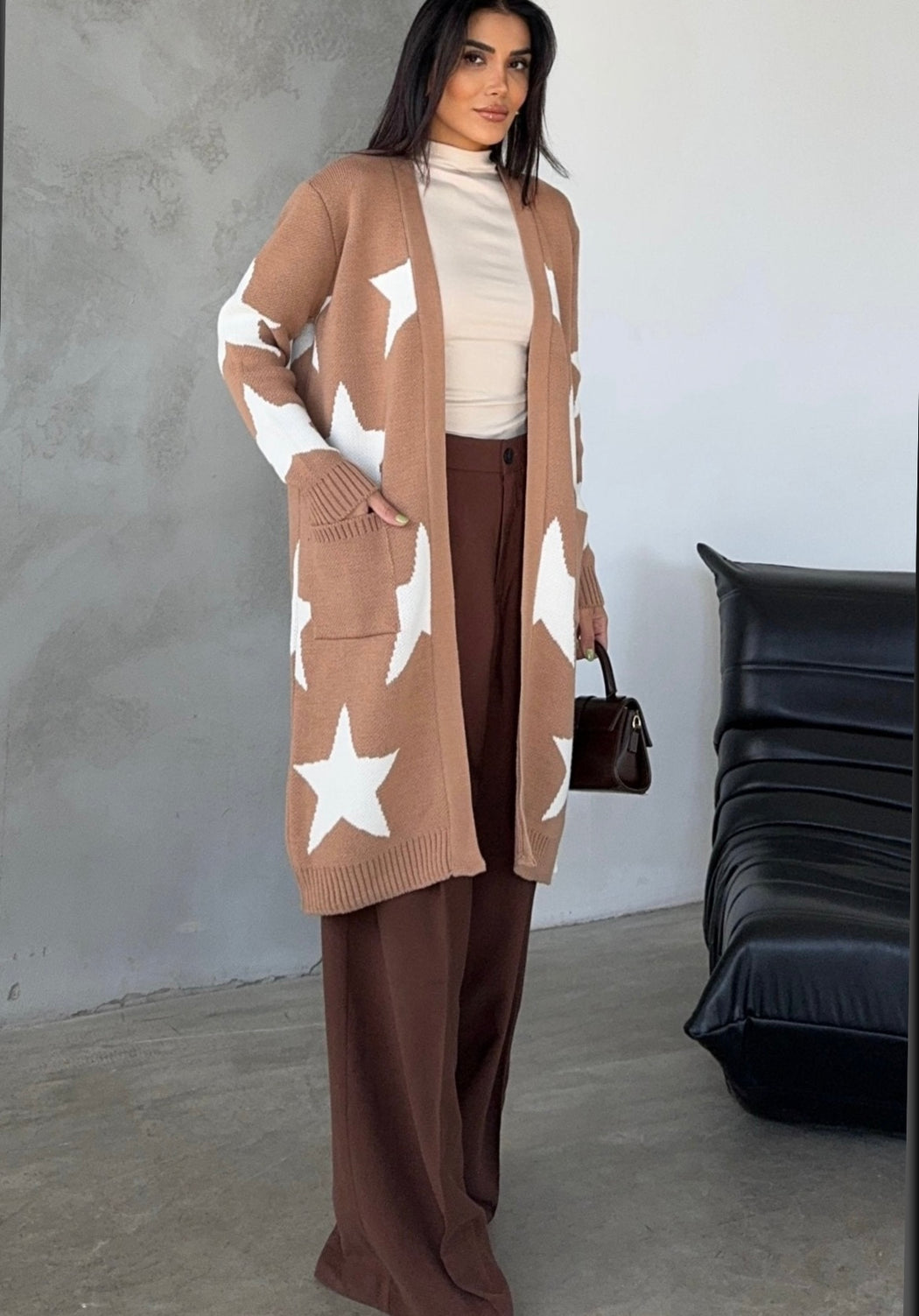 CAMEL LONGLINE MIDI STAR CARDIGAN