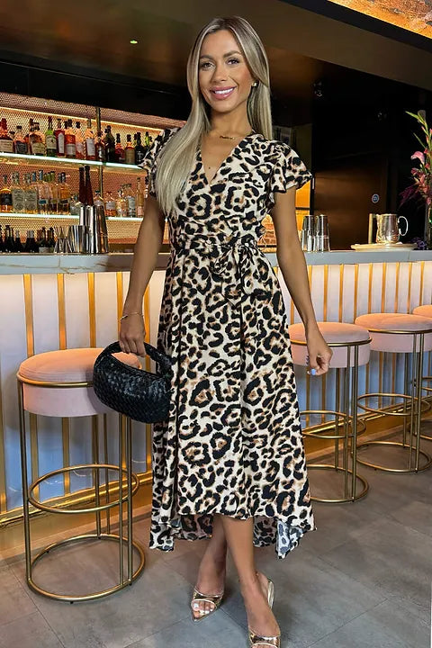 DA1998 Multi Leopard Print Short Sleeve Belted Wrap Midi Dress