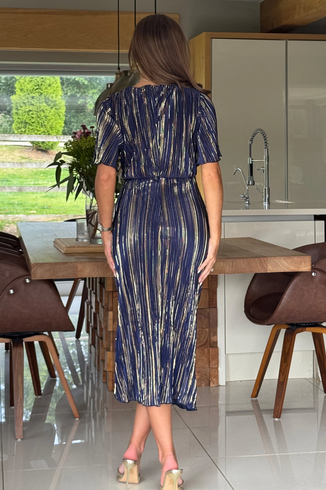 Isla blue  And Gold Plisse Wrap Front Dress