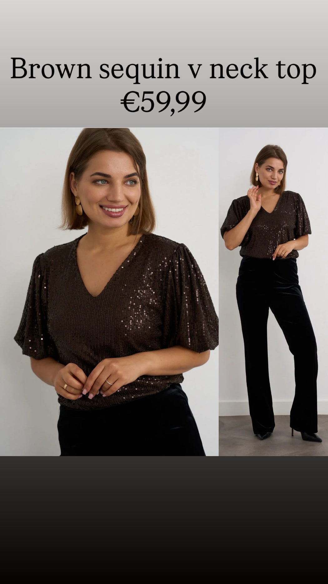 Brown sequin v neck top