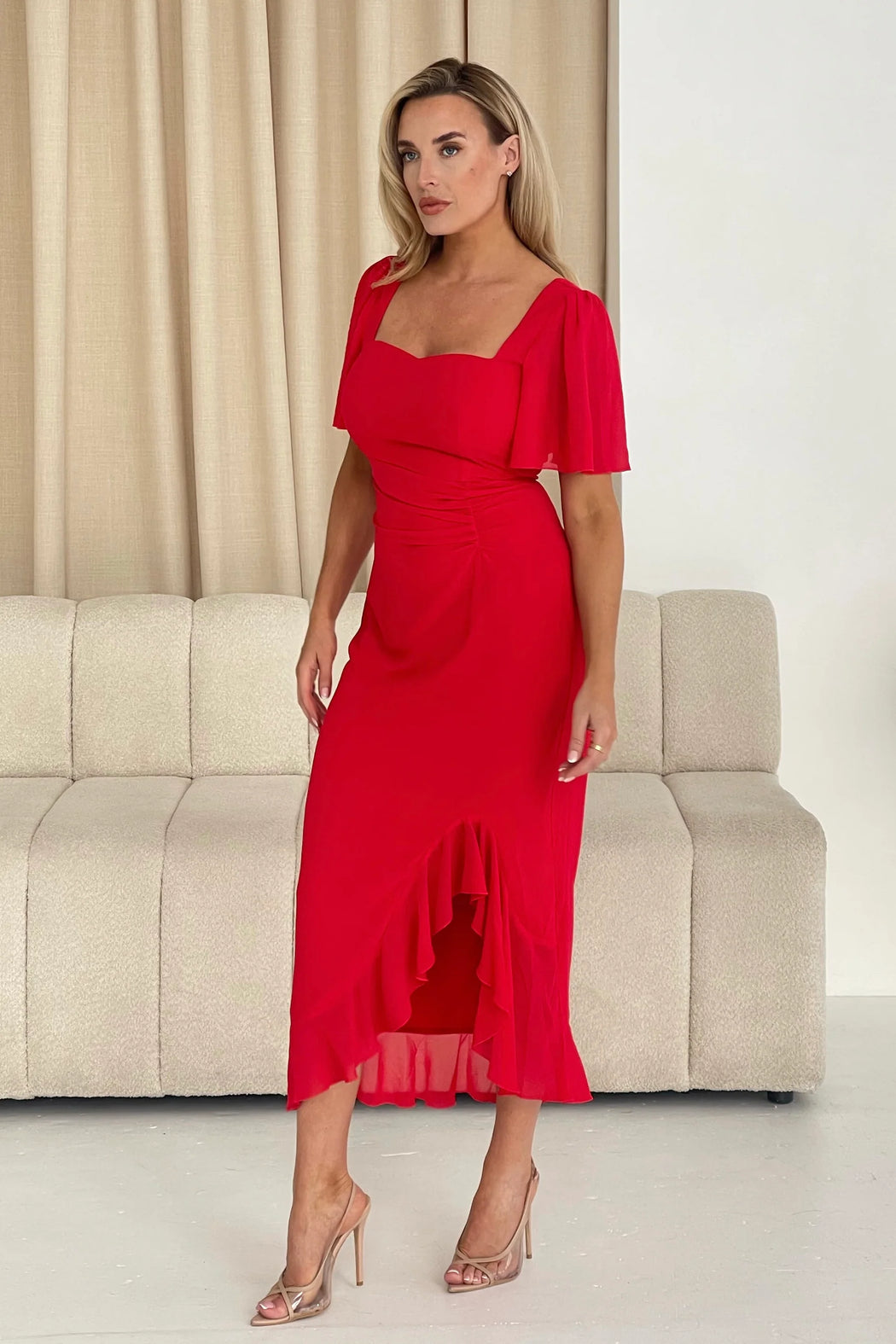 Heidi Red Ruched Midi Dress