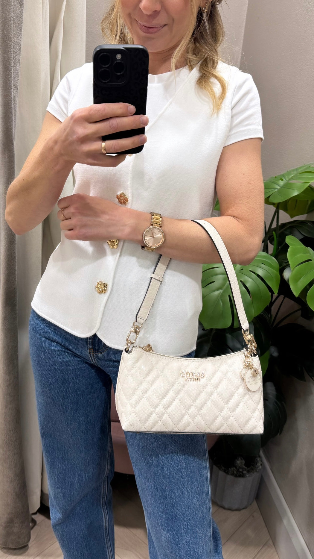 Guess off White Logo Isemay Shoulder Bag
