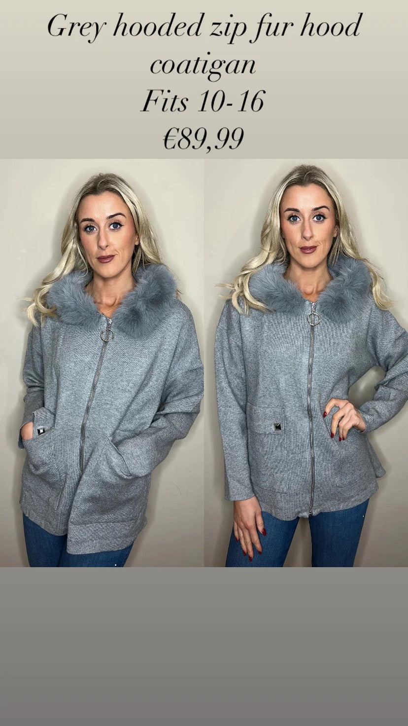 Grey hooded zip fur hood coatigan