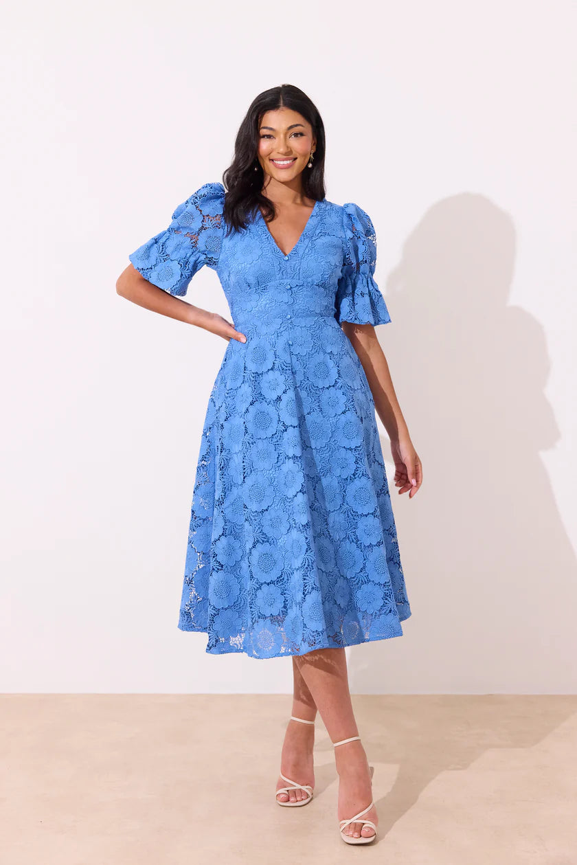 CALLIE CROCHET LACE MIDI DRESS - CORNFLOWER BLUE