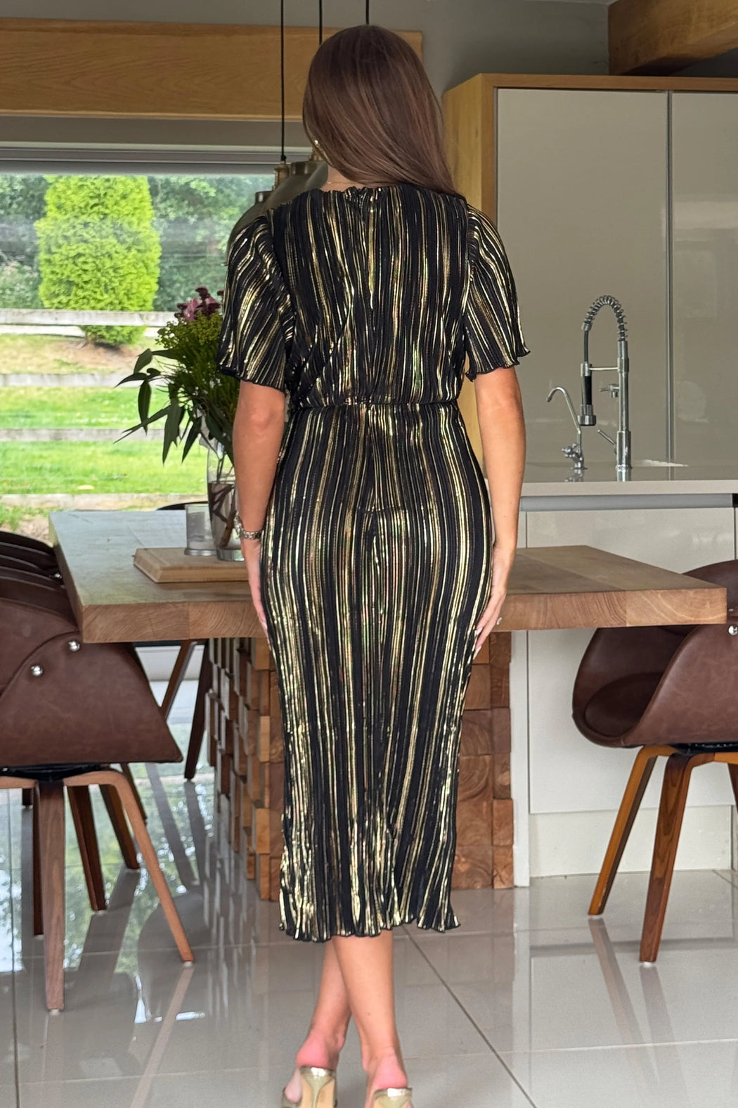 Isla black And Gold Plisse Wrap Front Dress