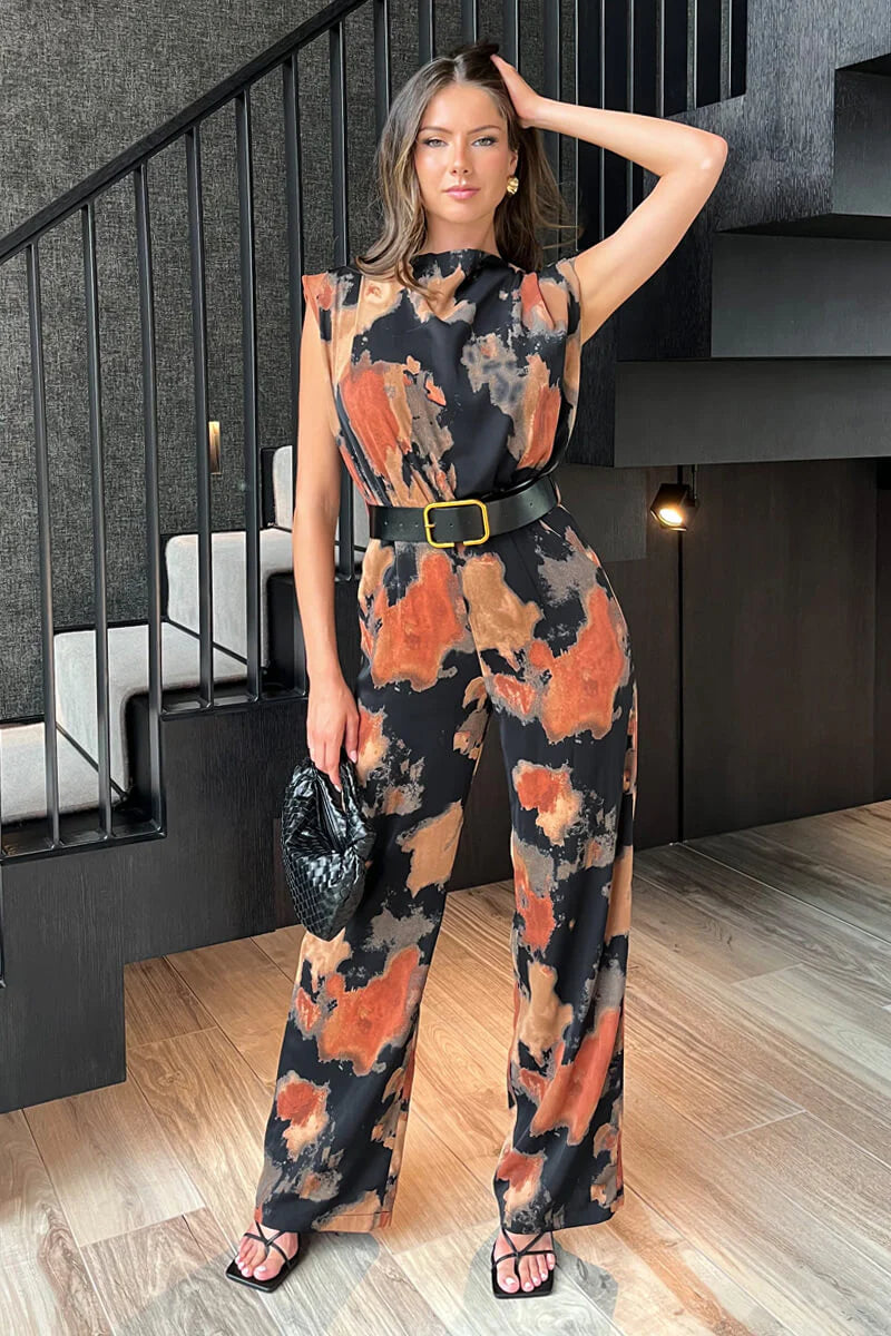 Pa649  Boat Neck Belted Wide Leg Jumpsuit