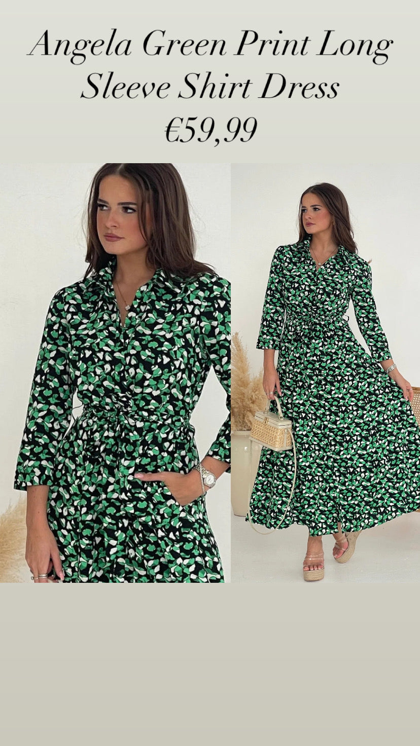 Angela Green Print Long Sleeve Shirt Dress