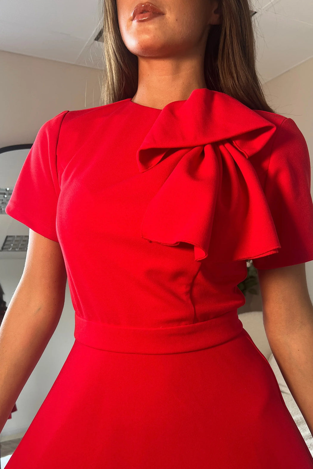 Red Minta Bow Detail Short Sleeve Midi Dress