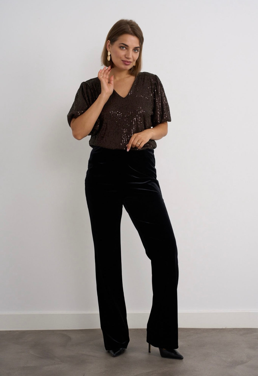 Brown sequin v neck top