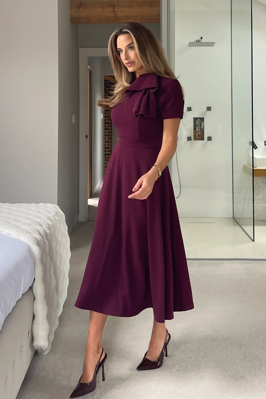 Plum Minta Bow Detail Short Sleeve Midi Dress