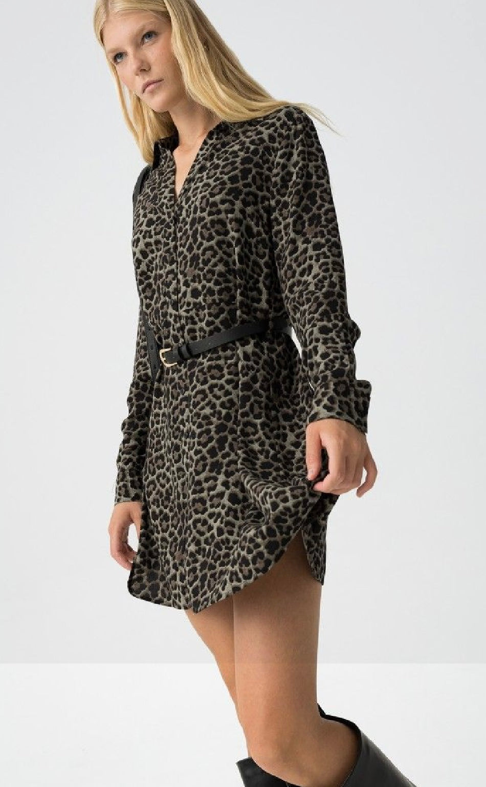 Green leopard shirt dress