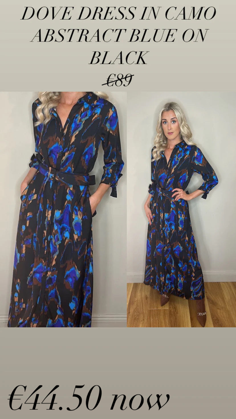 DOVE DRESS IN CAMO ABSTRACT BLUE ON BLACK