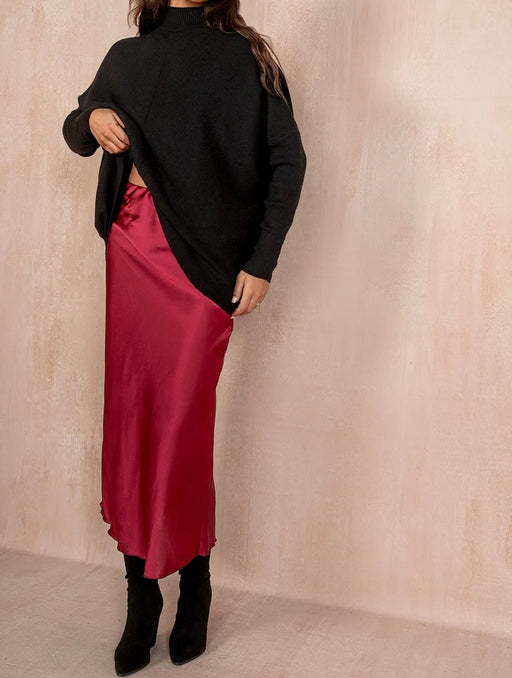 Zora wine satin midi skirt