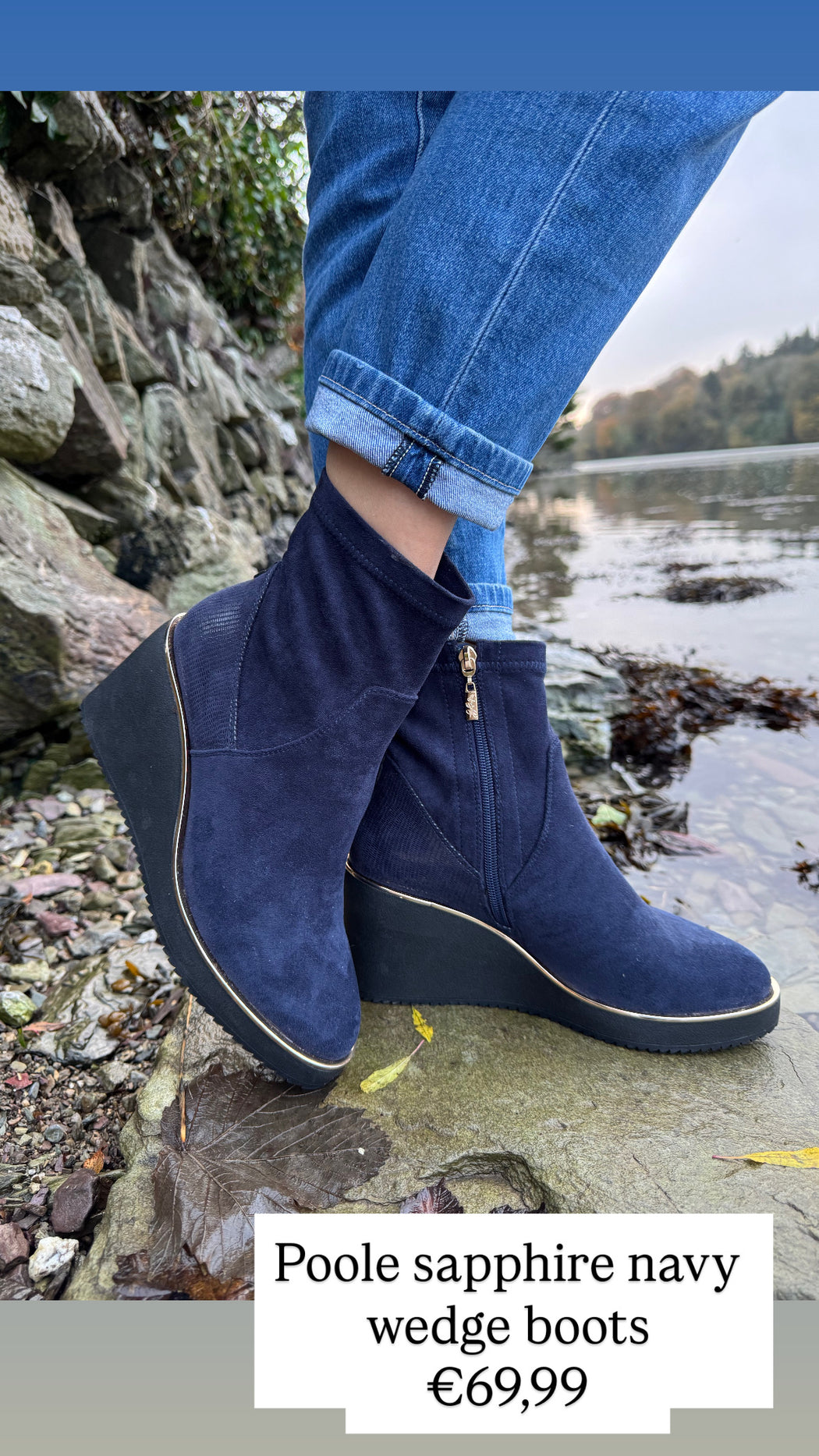 Poole sapphire navy wedge boots