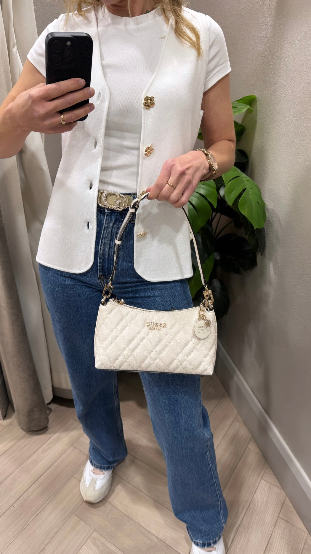 Guess off White Logo Isemay Shoulder Bag