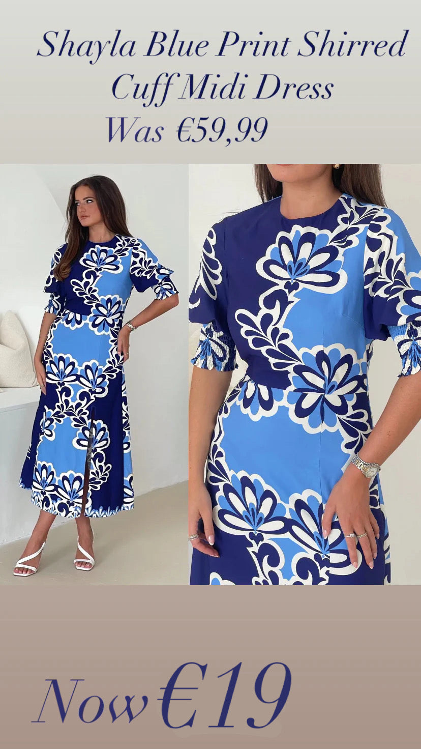 Shayla Blue Print Shirred Cuff Midi Dress