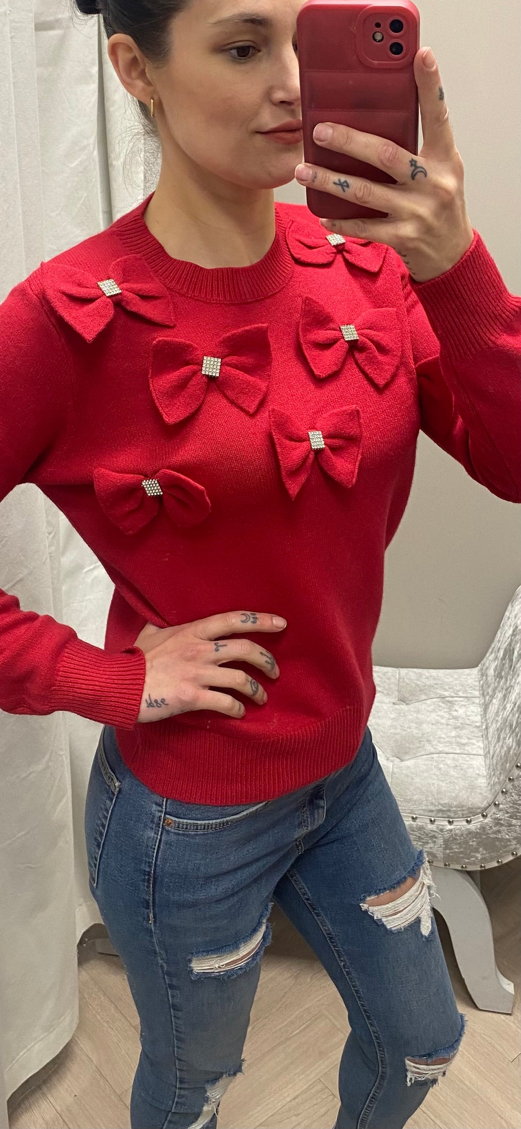 Red diamanté bow knit top