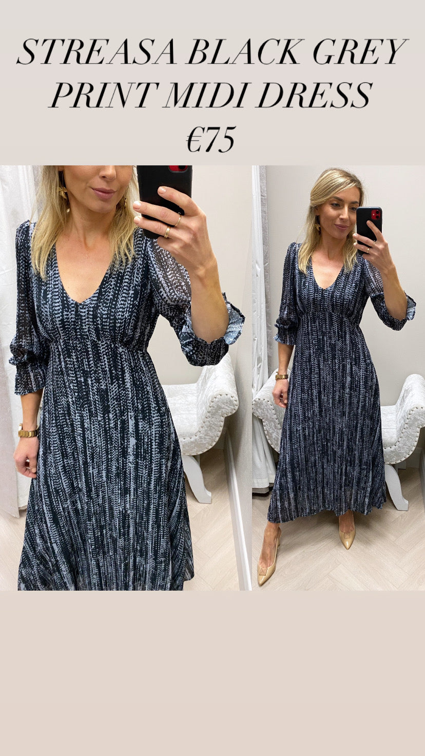 STREASA BLACK GREY PRINT MIDI DRESS