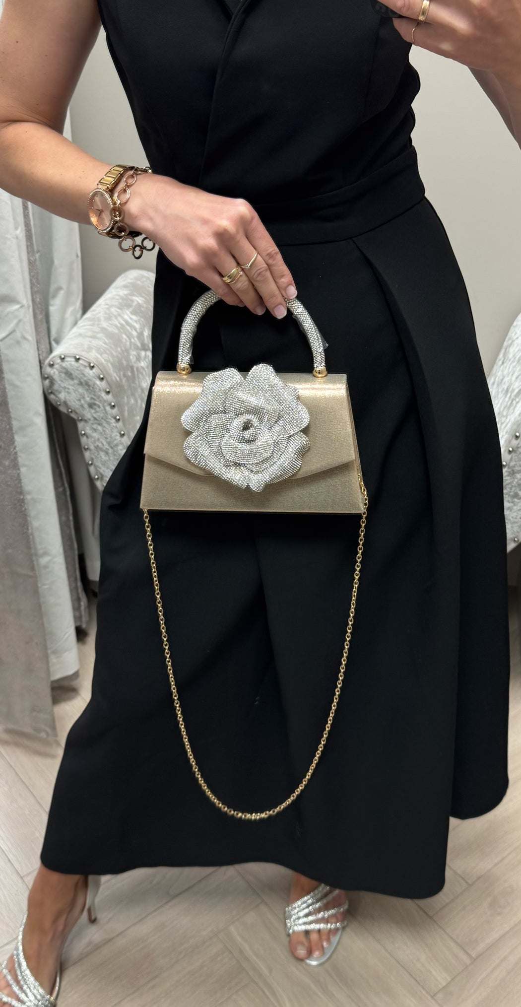 Rhinestone rose flower gold bag