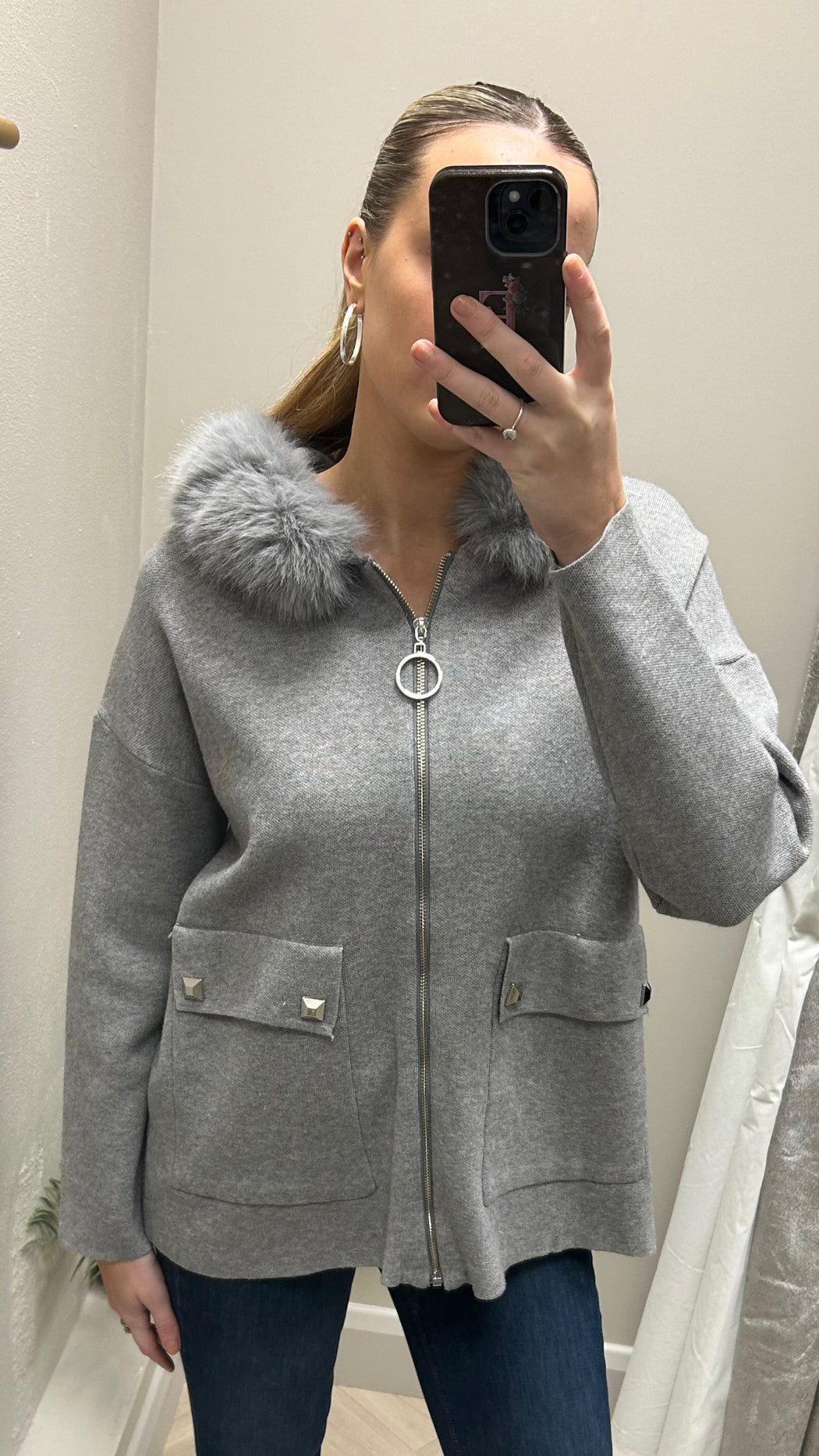 Grey hooded zip fur hood coatigan