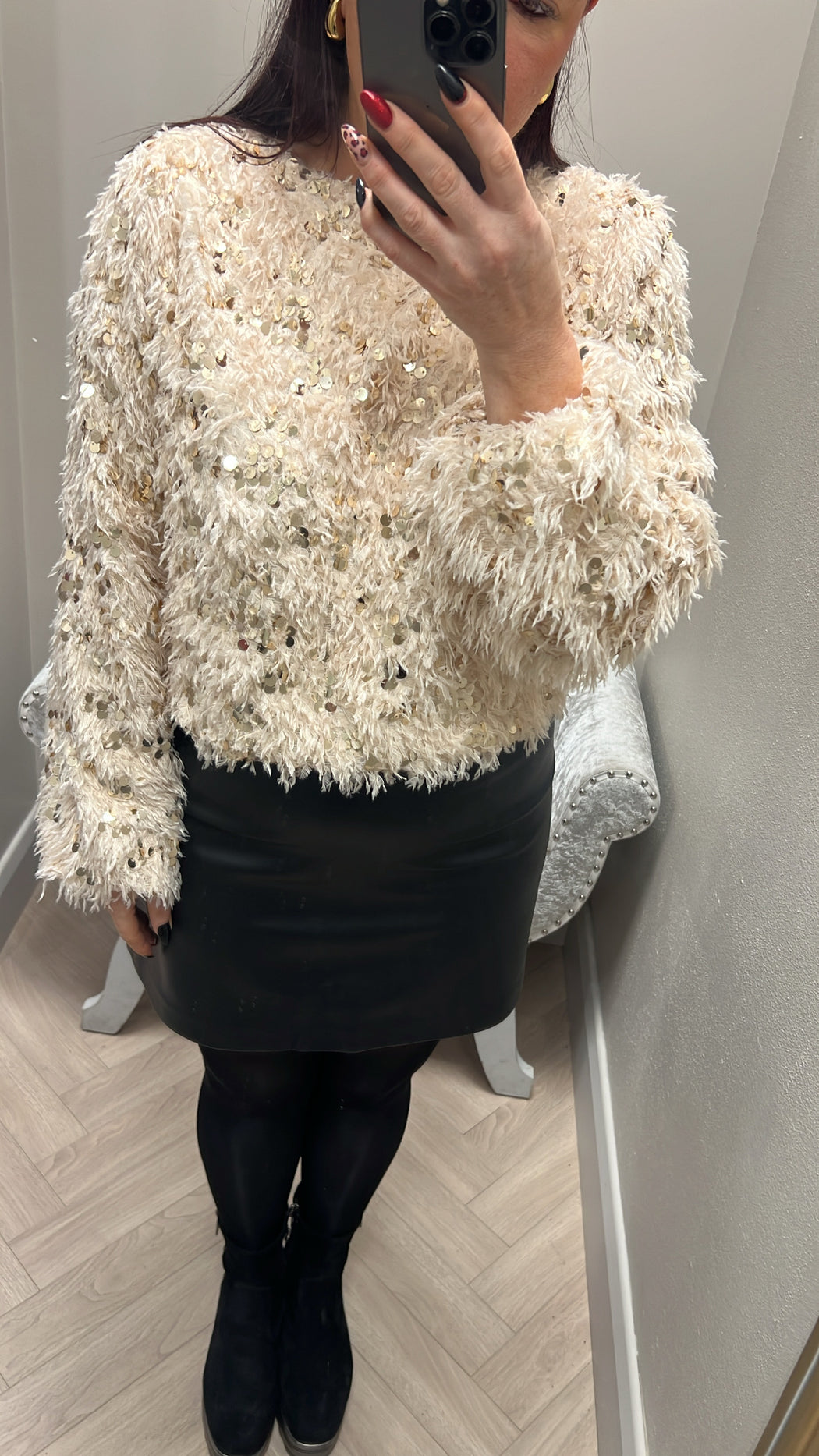 Cream gold feather knit top