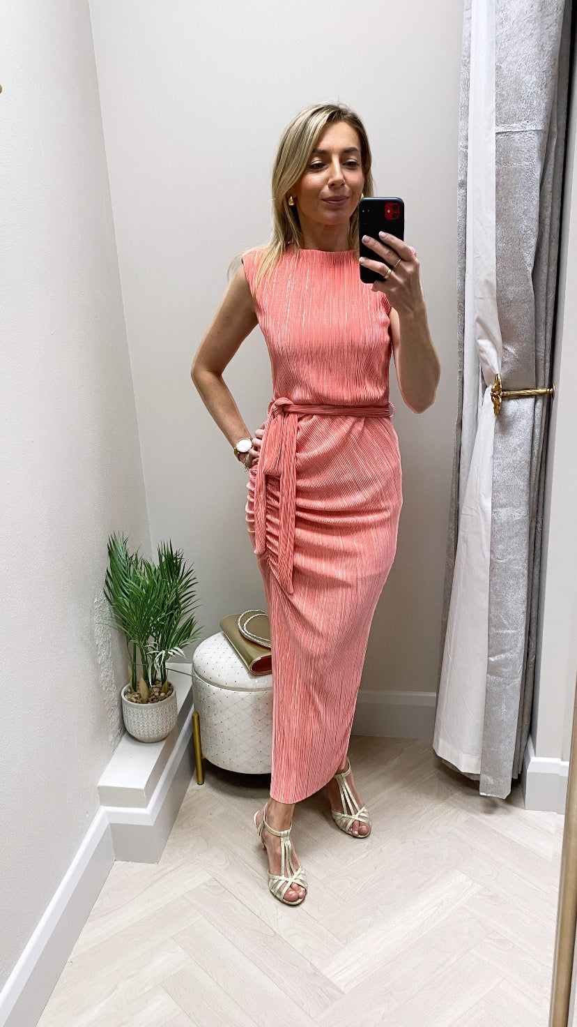 Elena Ruched Seamed Midi Dress Coral