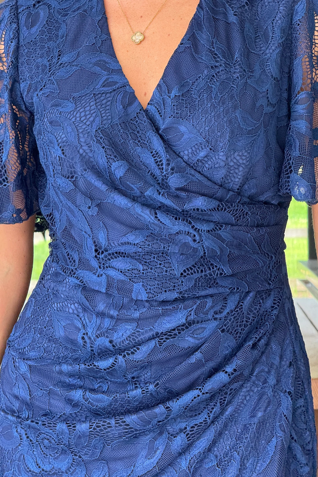 Natasha Angel Sleeve Wrap Midi Dress In Navy Lace