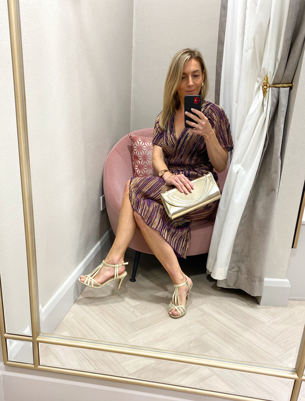 Isla wine & gold Metallic midi dress